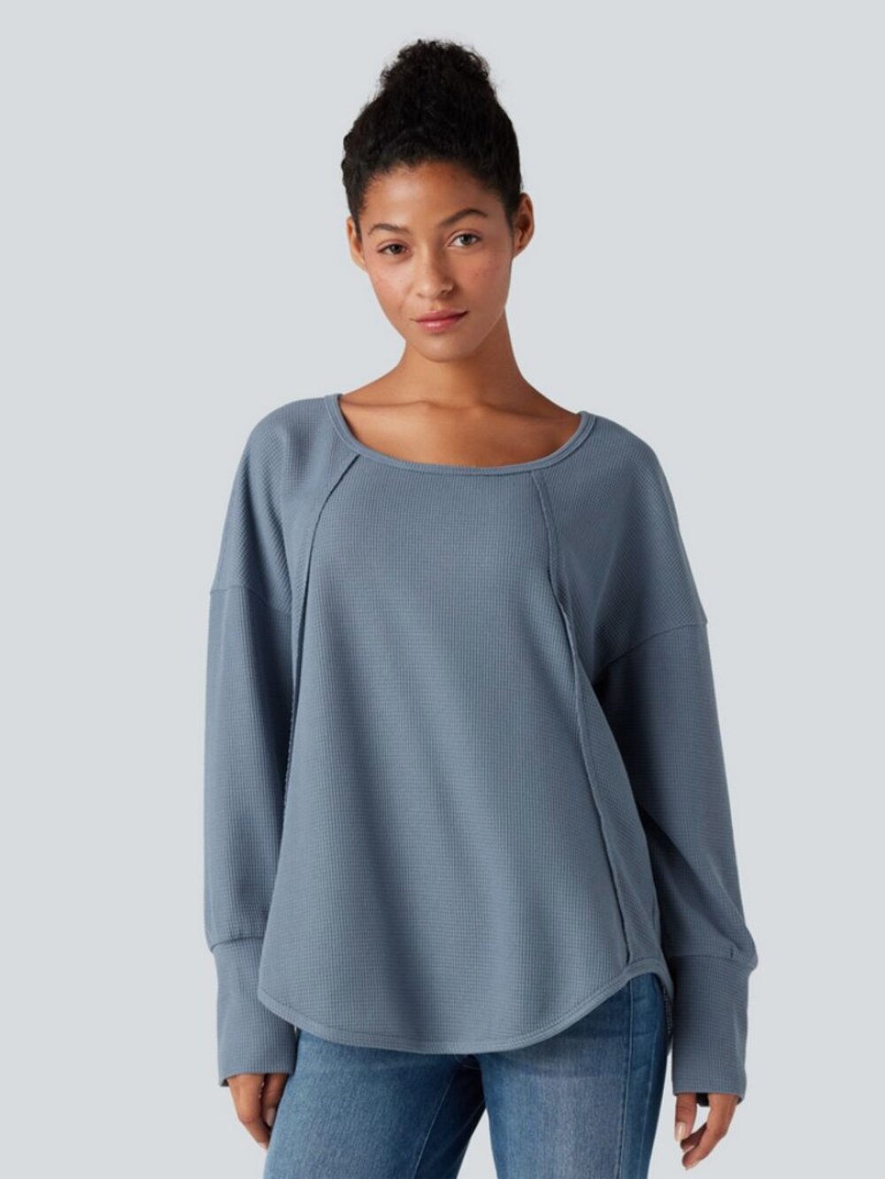 Halara Scoop Neck Long Sleeve Curved Hem Relaxed Waffle Casual Top Size XL